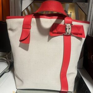 Salvatore Ferragamo Canvas Tote Bag with orange Leather Trim and Bow Accent